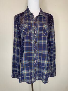 Patchwork Colorblock Plaid Paisley Western Cottage Flannel Shirt Sz Medium